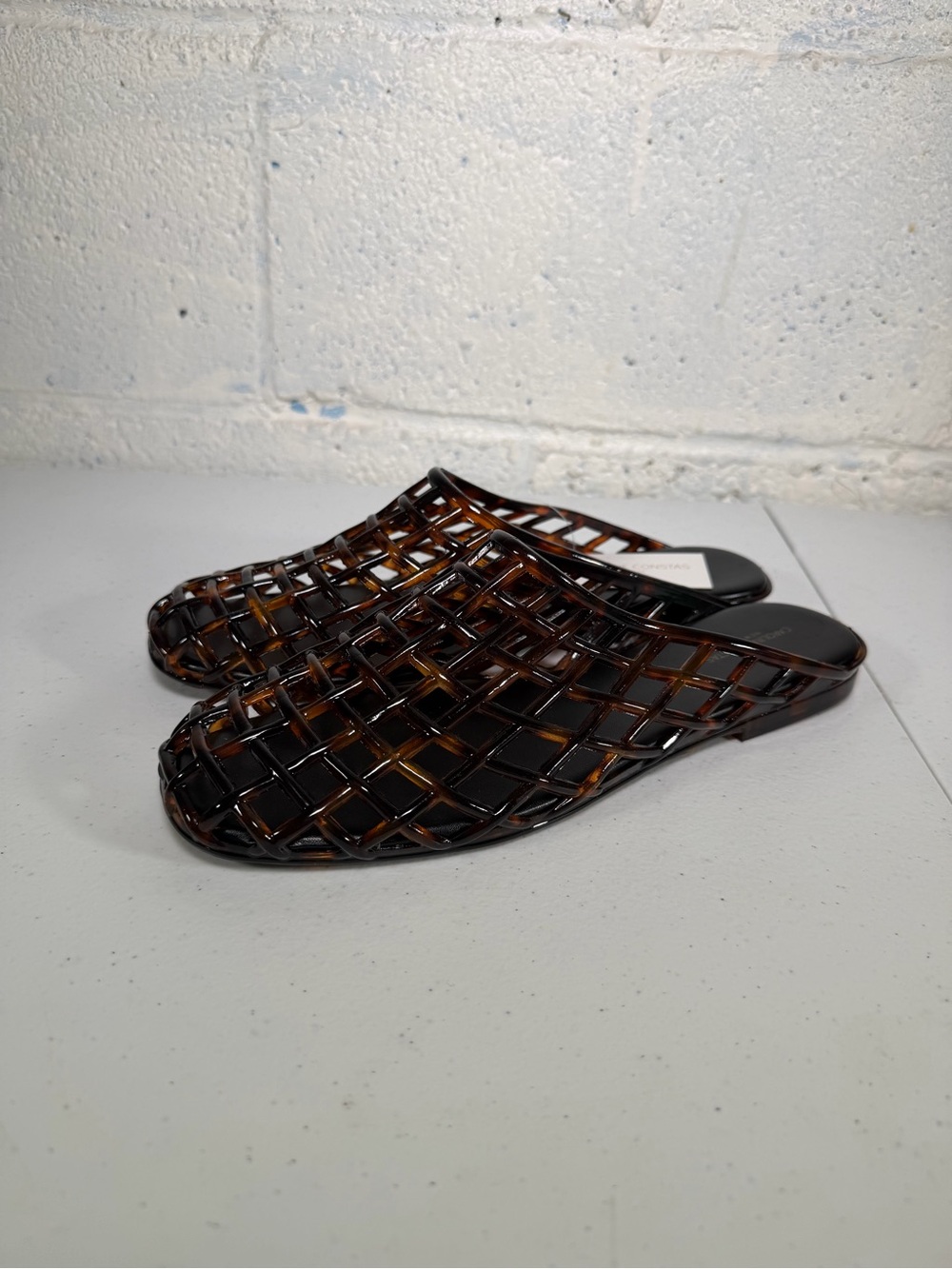 Caroline Constas Brown Tortoiseshell Lattice Slide Sandals